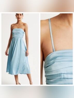 NEW ABERCROMBIE & FITCH STRAPLESS EMERSON RUCHED SATIN MIDI DRESS ICY BLUE SMALL